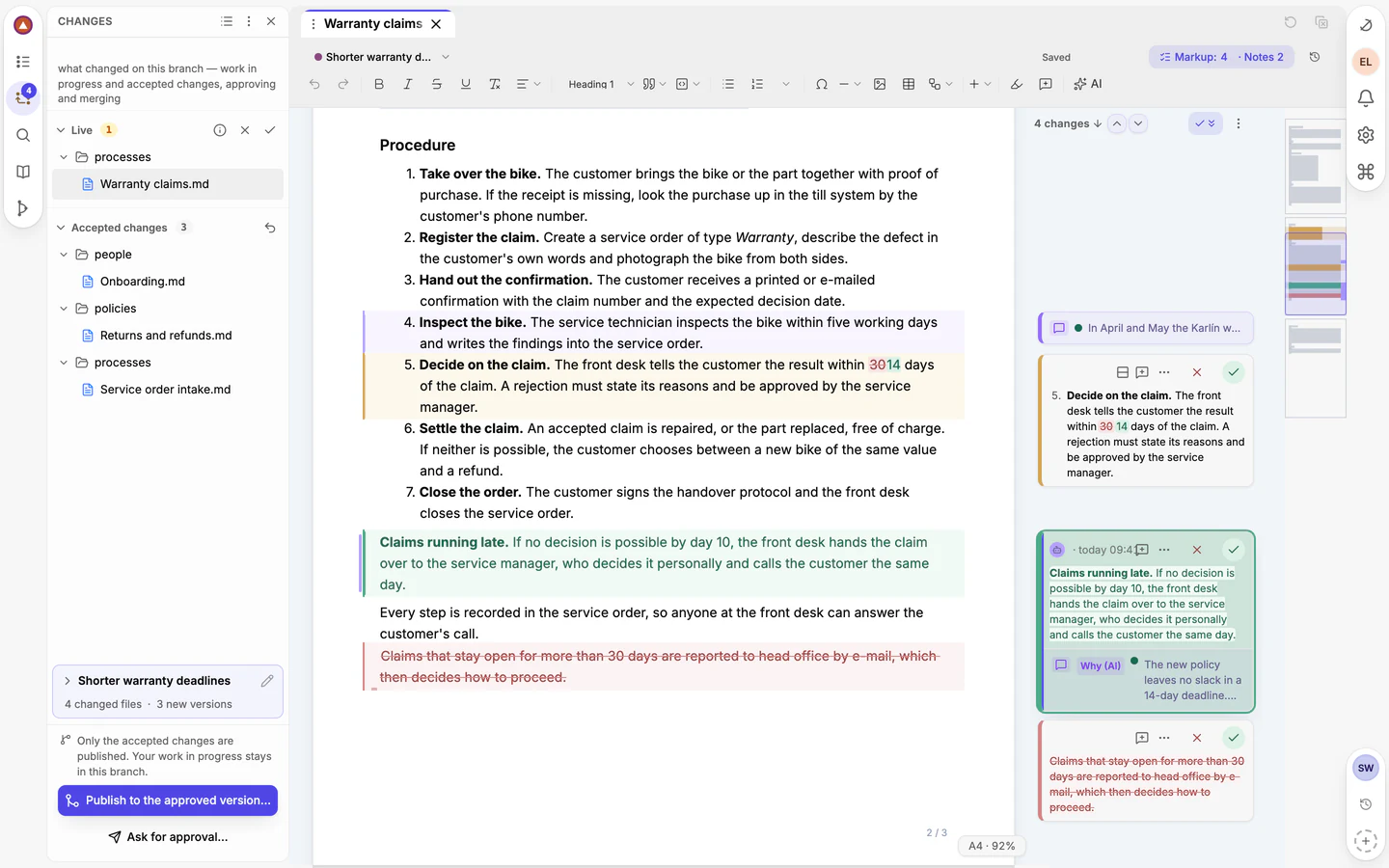 The list of changes in a draft: the changed files, a summary of the draft in words and the button that publishes it to the approved version.