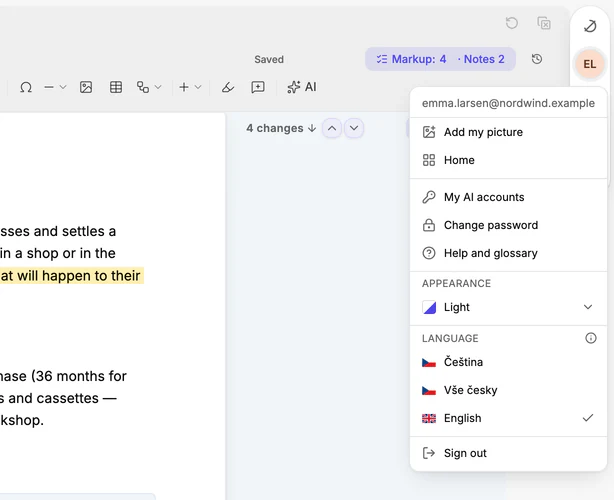 The open Account menu: Add my picture, Home, My AI accounts, Change password, Help and glossary, Appearance, Language and Sign out.