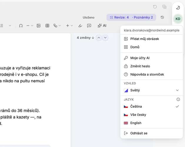 Otevřená nabídka Účet: Přidat můj obrázek, Domů, Moje účty AI, Změnit heslo, Nápověda a slovníček, Vzhled, Jazyk a Odhlásit se.