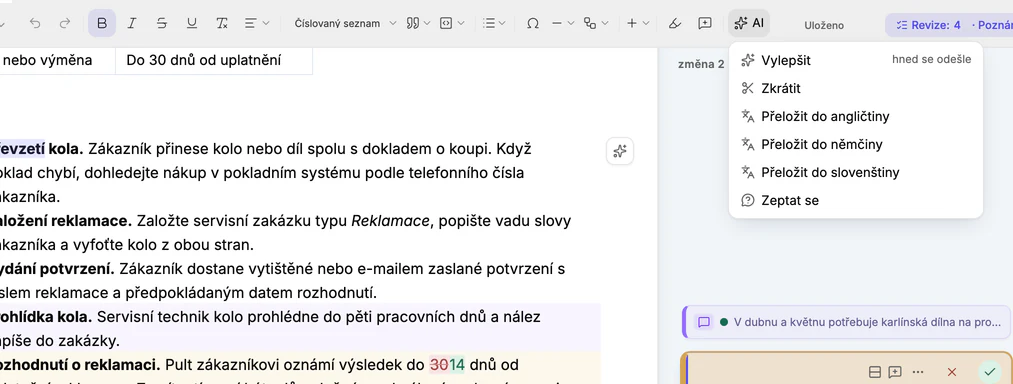 Označené slovo v dokumentu a otevřená nabídka AI s položkami Vylepšit, Zkrátit, Přeložit do angličtiny, němčiny a slovenštiny a Zeptat se.