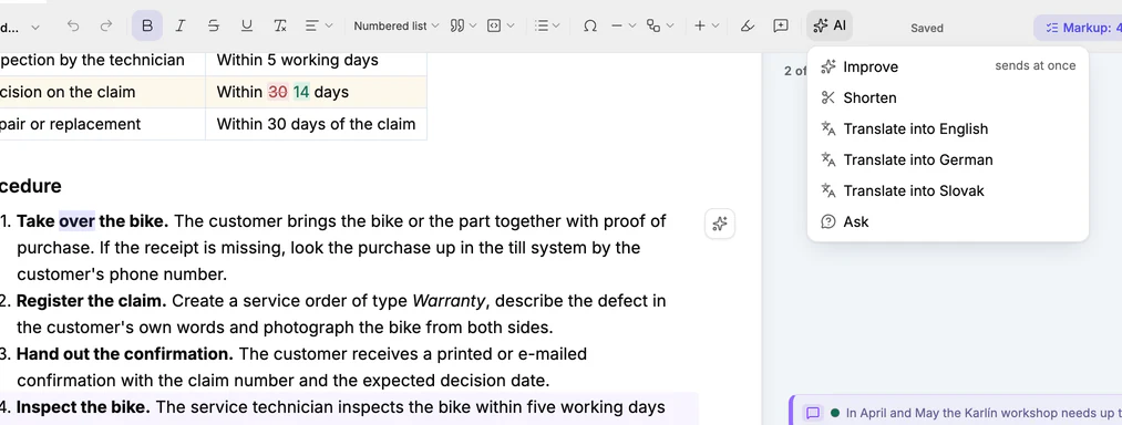 A selected word in the document and the open AI menu with Improve, Shorten, translations and Ask.