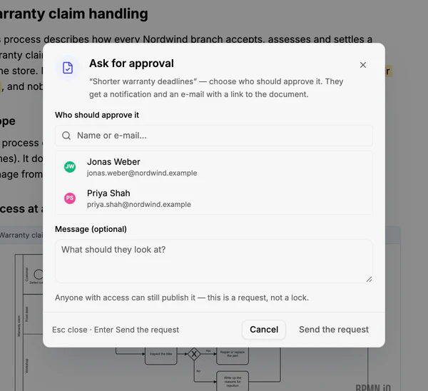 The Ask for approval dialog with a list of colleagues, a message field and the Cancel and Send the request buttons.