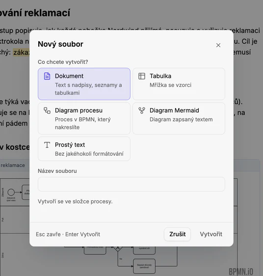 Dialog pro vytvoření souboru s volbami Dokument, Tabulka, Diagram procesu, Diagram Mermaid a Prostý text a políčkem pro název.