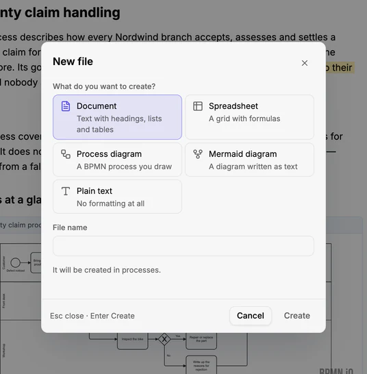 The dialog for creating a file, with the choices Document, Spreadsheet, Process diagram, Mermaid diagram and Plain text, and a field for the name.