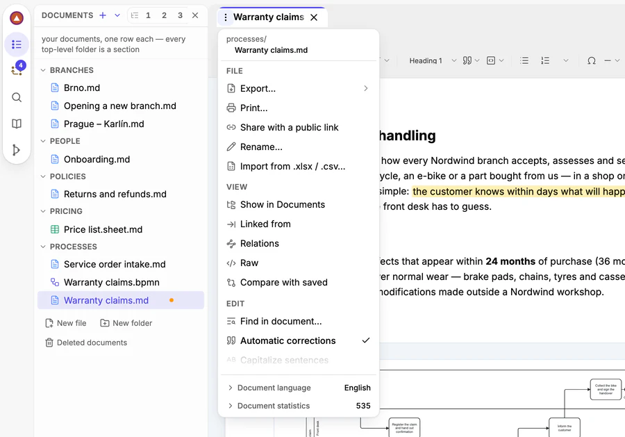 The File actions menu: Export, Print, Share with a public link, Rename, Import, and the view and edit options.