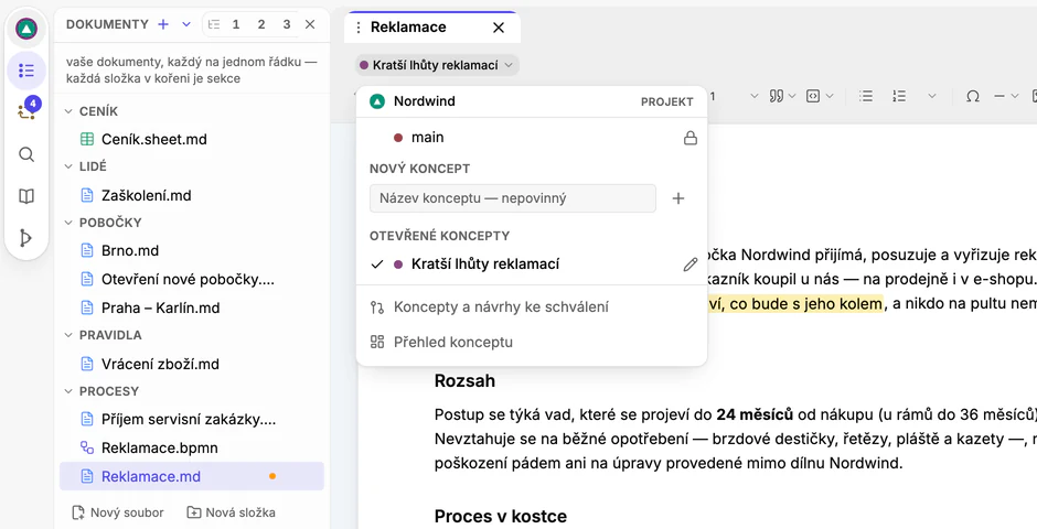 Nabídka konceptů otevřená v konceptu Kratší lhůty reklamací: projekt Nordwind, main, políčko Nový koncept a seznam otevřených konceptů.