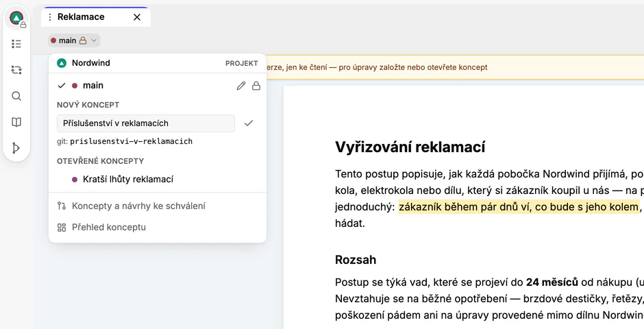 Nabídka konceptů ve schválené verzi: řádek main, pod ním nadpis Nový koncept a políčko s napsaným názvem.