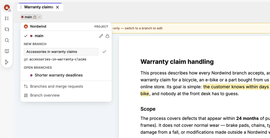 The draft menu in the approved version: the main row, the New branch heading and a field with a name typed in.