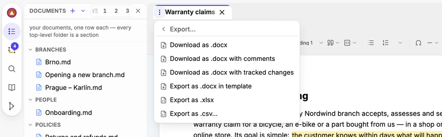 The Export menu with Download as .docx, with comments, with tracked changes, Export as .docx in template, and the spreadsheet exports.