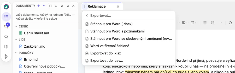 Nabídka Exportovat s položkami Stáhnout pro Word, Stáhnout pro Word s poznámkami, Stáhnout pro Word se sledovanými změnami, Word ve firemní šabloně a exporty do Excelu.