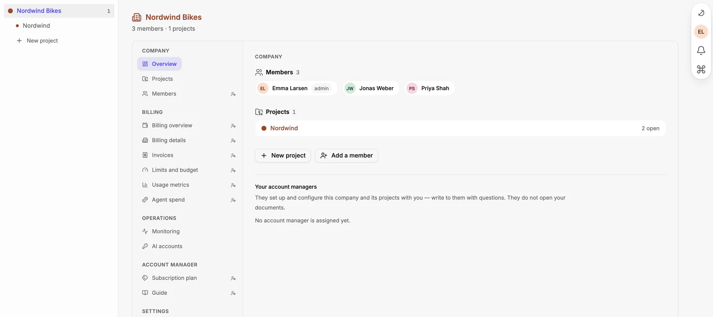 The company page of Nordwind Bikes: the list of members and projects, with a menu of sections on the left.