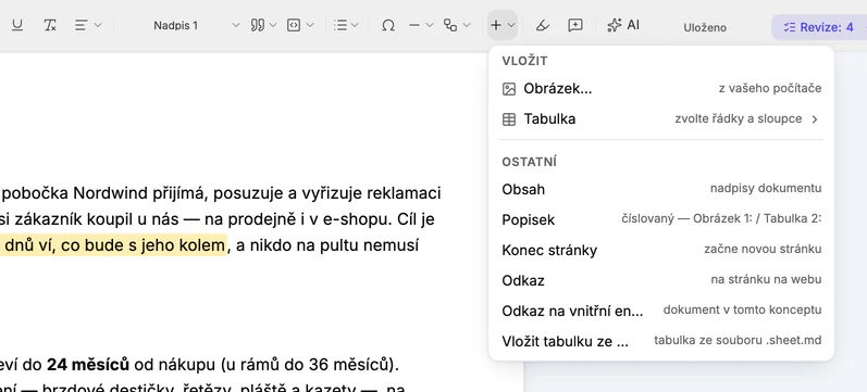 Otevřená nabídka Vložit s položkami Obrázek, Tabulka, Obsah, Popisek, Konec stránky, Odkaz a dalšími.