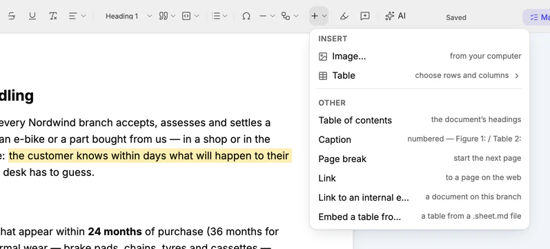The open Insert menu with Image, Table, Table of contents, Caption, Page break, Link and more.