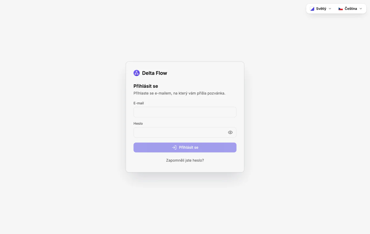 Přihlašovací stránka Delta Flow s políčky E-mail a Heslo, tlačítkem Přihlásit se a odkazem Zapomněli jste heslo.