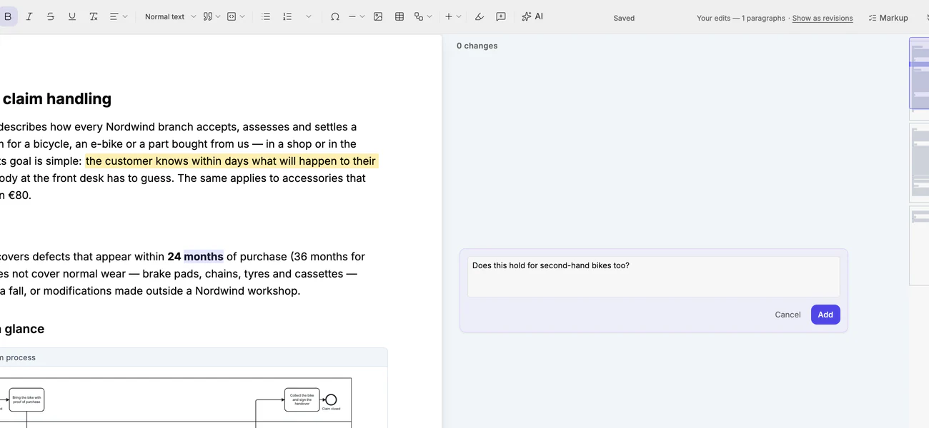The words “24 months” are selected in the document and a note field is open beside the page with a question typed in and the Cancel and Add buttons.