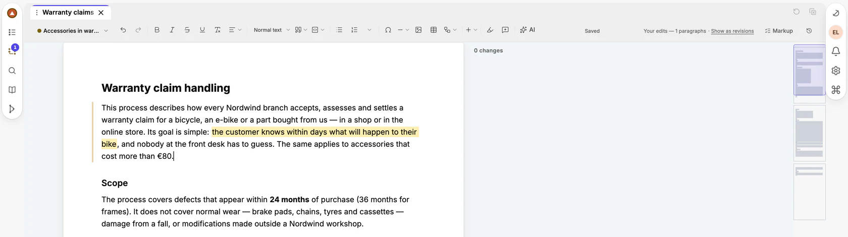 A document after a sentence was added: the bar reads Saved and Your edits — 1 paragraph; a light strip marks the changed paragraph on its left.
