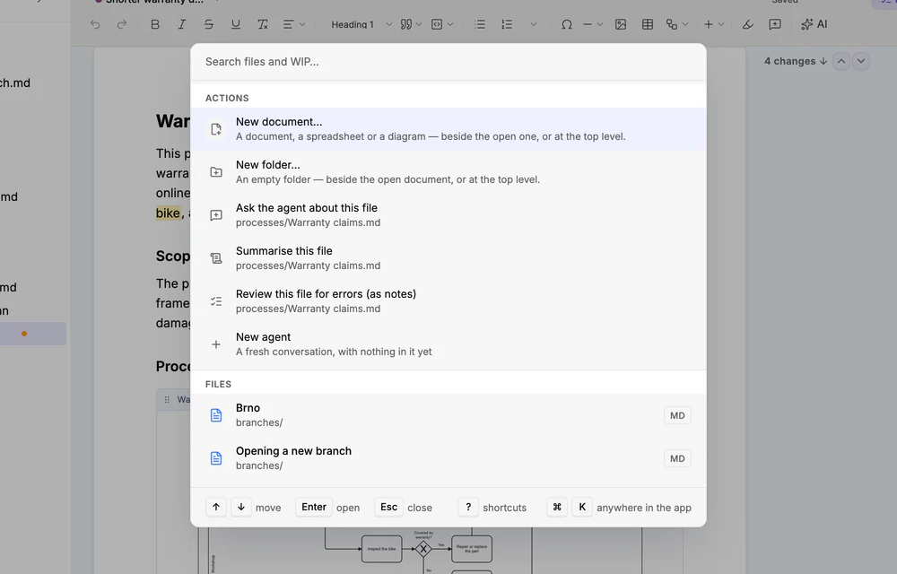 The command palette with a search field, a few actions and the list of the project’s documents.