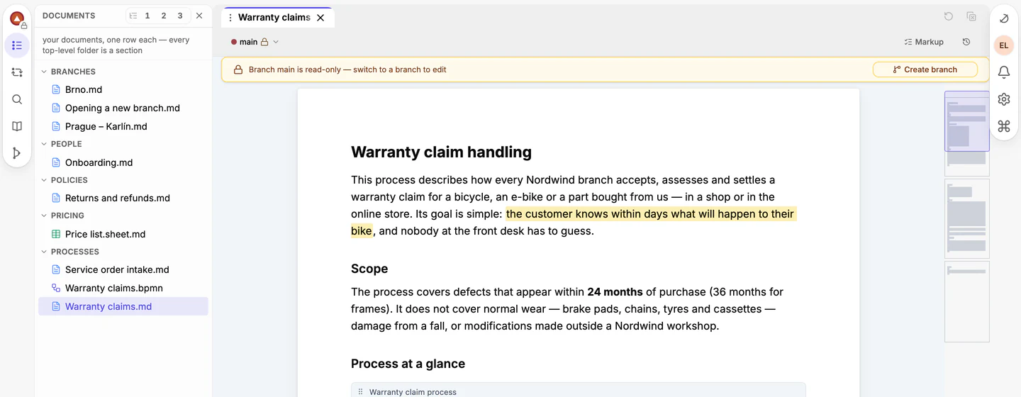 The approved version of a document with the yellow read-only bar and the Create branch button on its right.