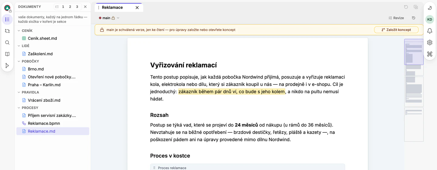 Dokument Reklamace otevřený ve schválené verzi; nad stránkou žlutý pruh s textem, že je jen ke čtení, a tlačítkem Založit koncept.