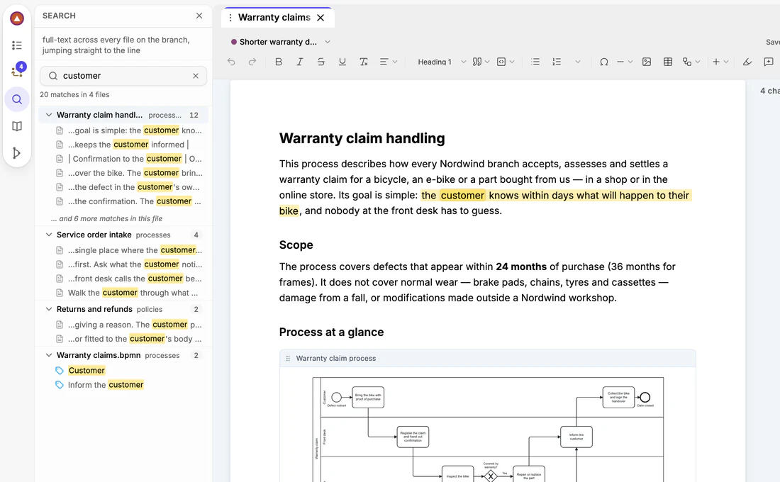 The Search panel with the query “customer” and the results grouped by document; the found words are highlighted in the open document too.