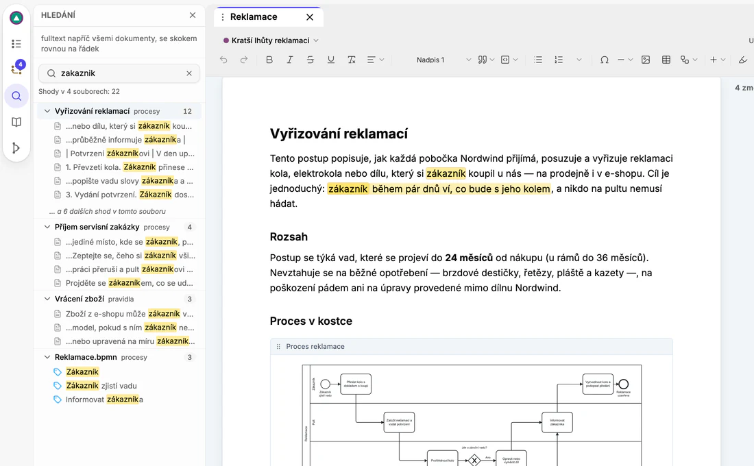 Panel Hledání s dotazem „zakaznik“ a výsledky seskupenými podle dokumentů; nalezená slova jsou žlutě zvýrazněná i v otevřeném dokumentu.