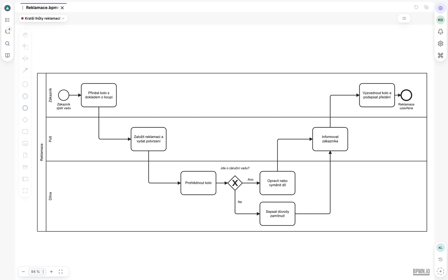 Diagram BPMN procesu reklamace otevřený v editoru diagramů.