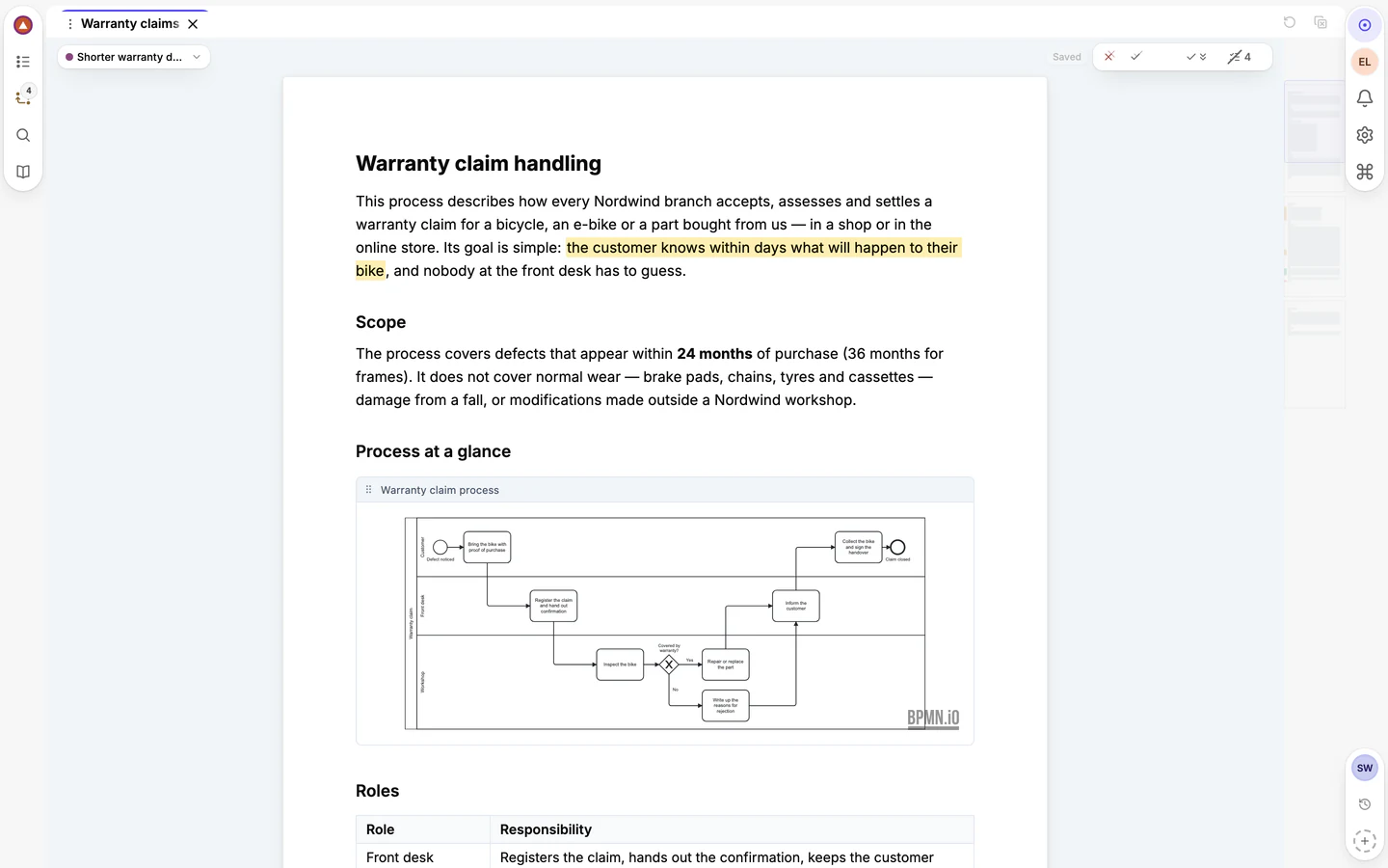 A document open in the visual editor: a page with headings, a numbered procedure, a table and a process diagram.