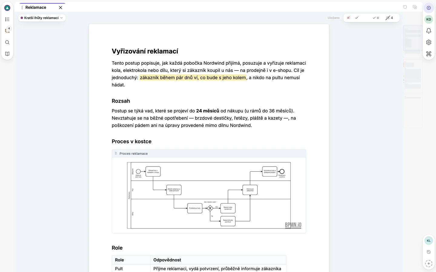 Dokument otevřený ve vizuálním editoru: stránka s nadpisy, číslovaným postupem, tabulkou a diagramem procesu.
