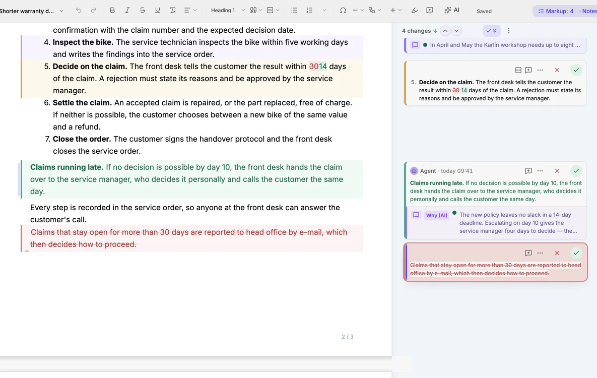 A close-up of tracked changes in a document: an added sentence in green, a reworded one in amber, a deleted one in red, each with a review card offering accept and reject.