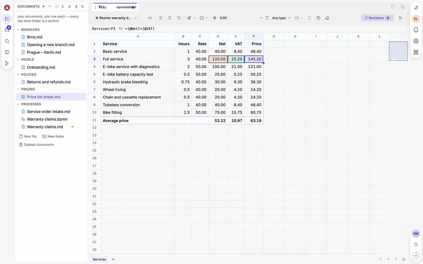 A price list as a spreadsheet with formulas for totals and VAT.