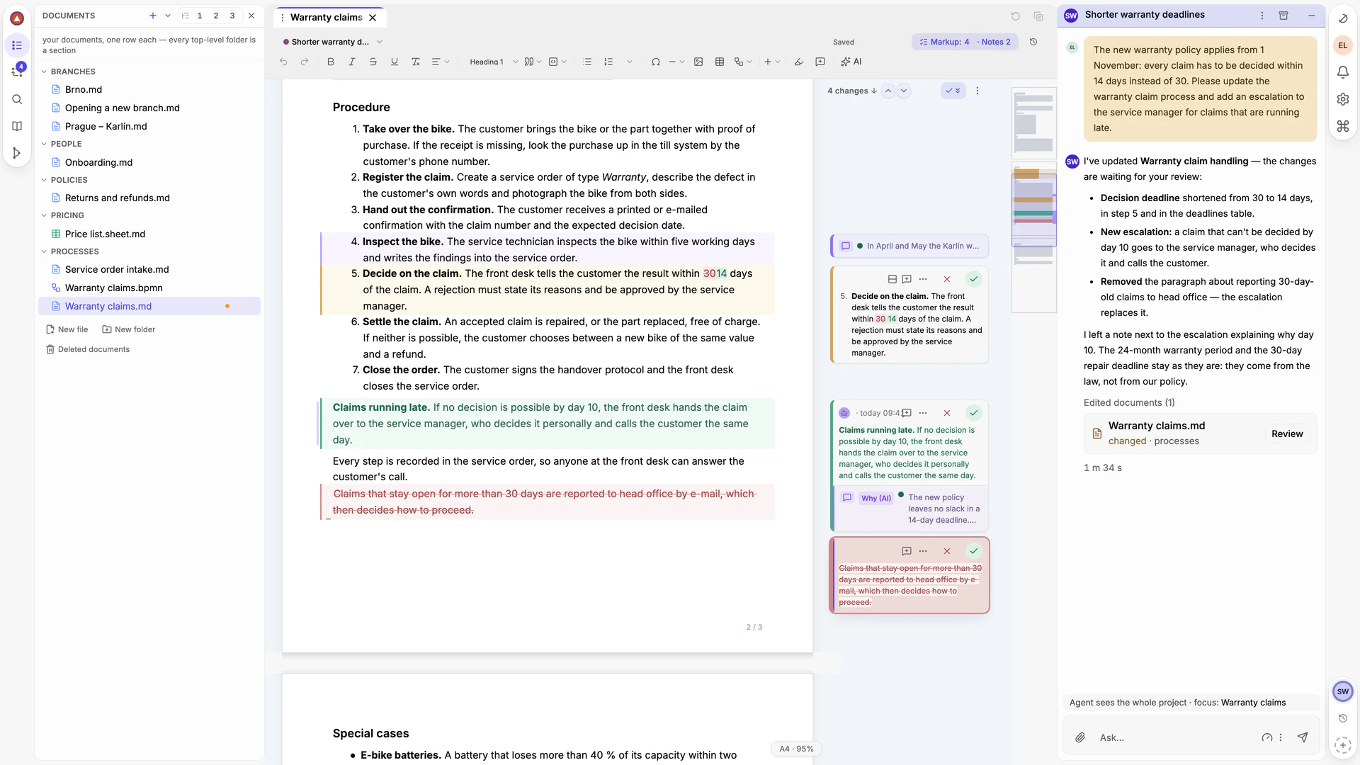 The Delta Flow workspace: the file tree on the left, a document with green, amber and red tracked changes and their review cards in the middle, the conversation with the AI agent on the right.